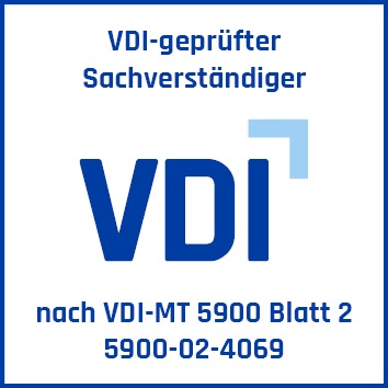 Ein blau-weißes Abzeichen zeigt das VDI-Logo und den Text: VDI-geprüfter Sachverständiger gemäß VDI-MT 5900 Blatt 2 5900-02-4069