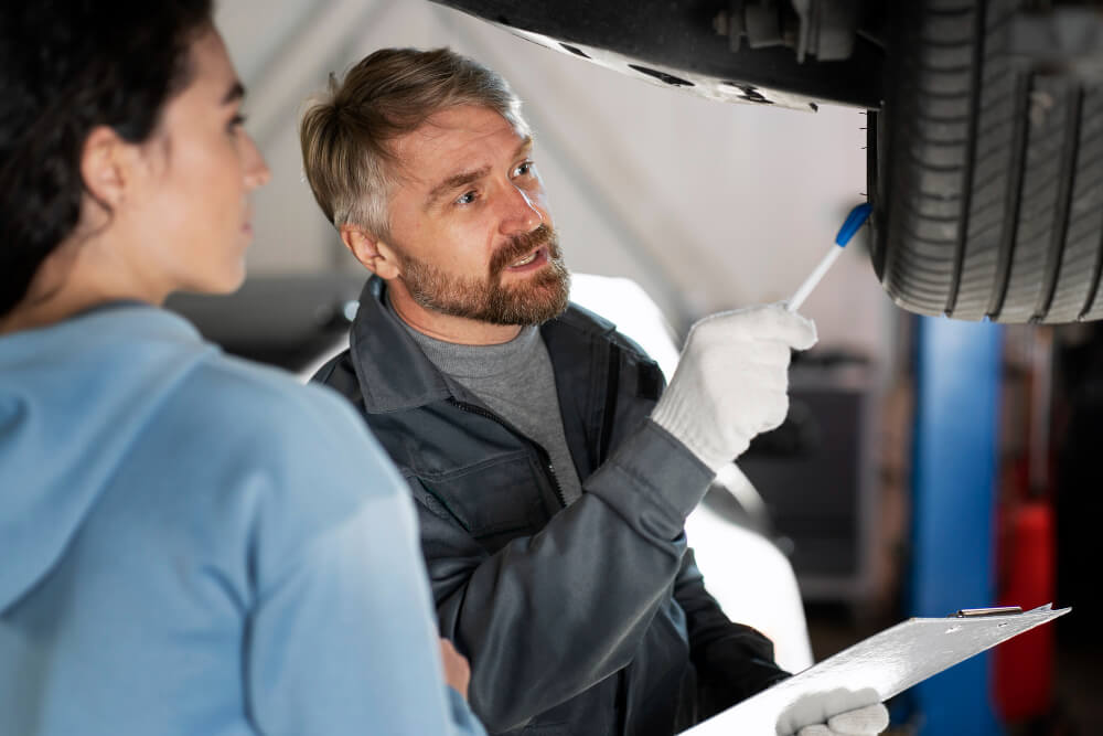 Ein Mechaniker erklärt einer Kundin einen Autoreparatur-Bericht, zeigt auf einen Reifen und hält dabei ein Klemmbrett in der Werkstatt.